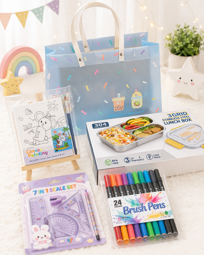 Colorful gift hamper with art supplies and lunch box, perfect ideas for gift hamper for creative kids.