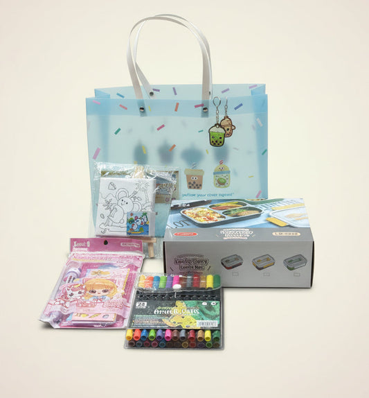Colorful gift hamper from NIYO TOYS with art supplies and toys, ideas for gift hamper for kids age 3 and up
