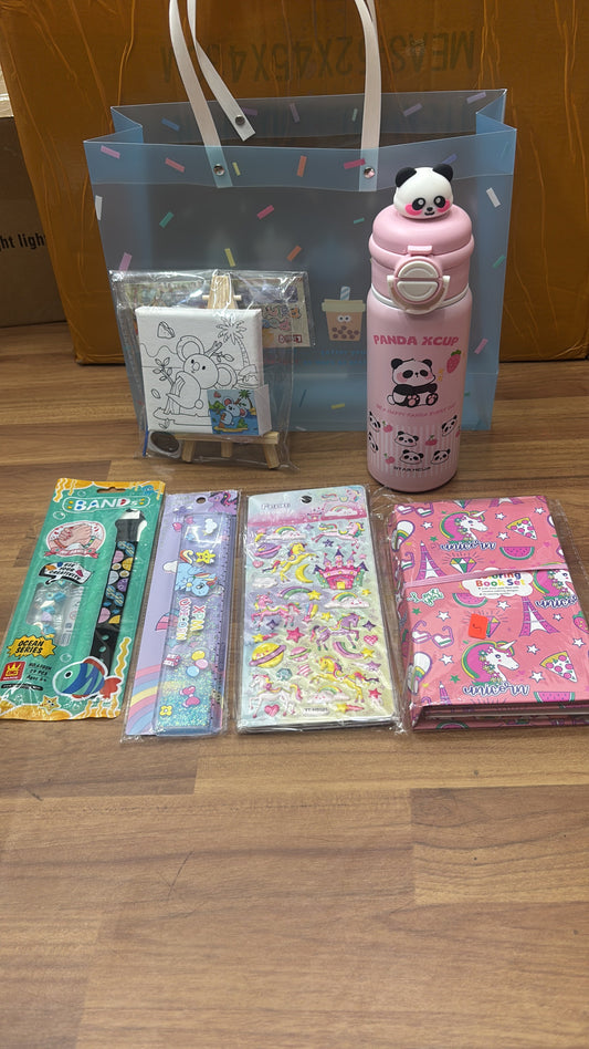 Fun gift hamper featuring a pink panda water bottle and colorful stationery, perfect for kids with ideas for gift hamper.