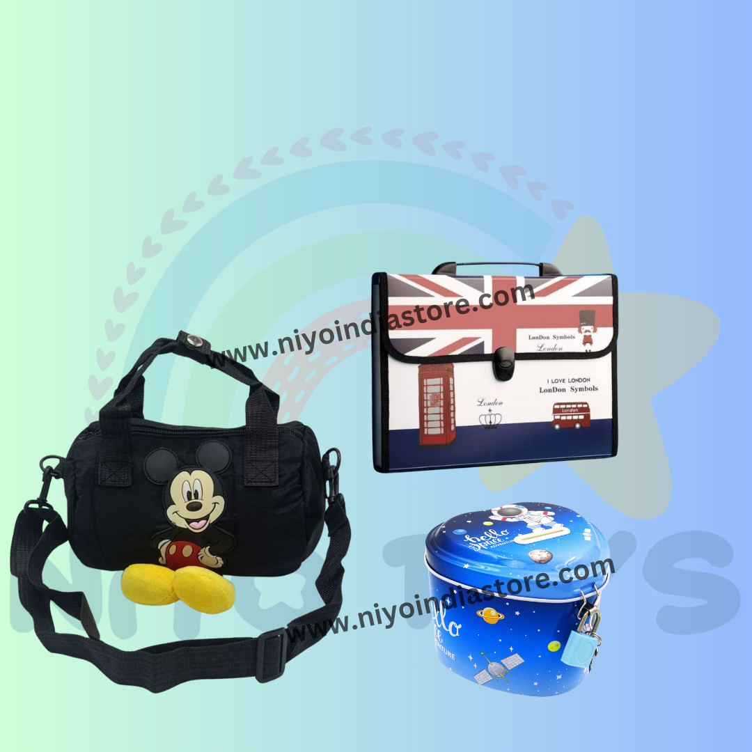 Mickey Mouse duffle bag and blue gift tin for gifts for 10 year old boys