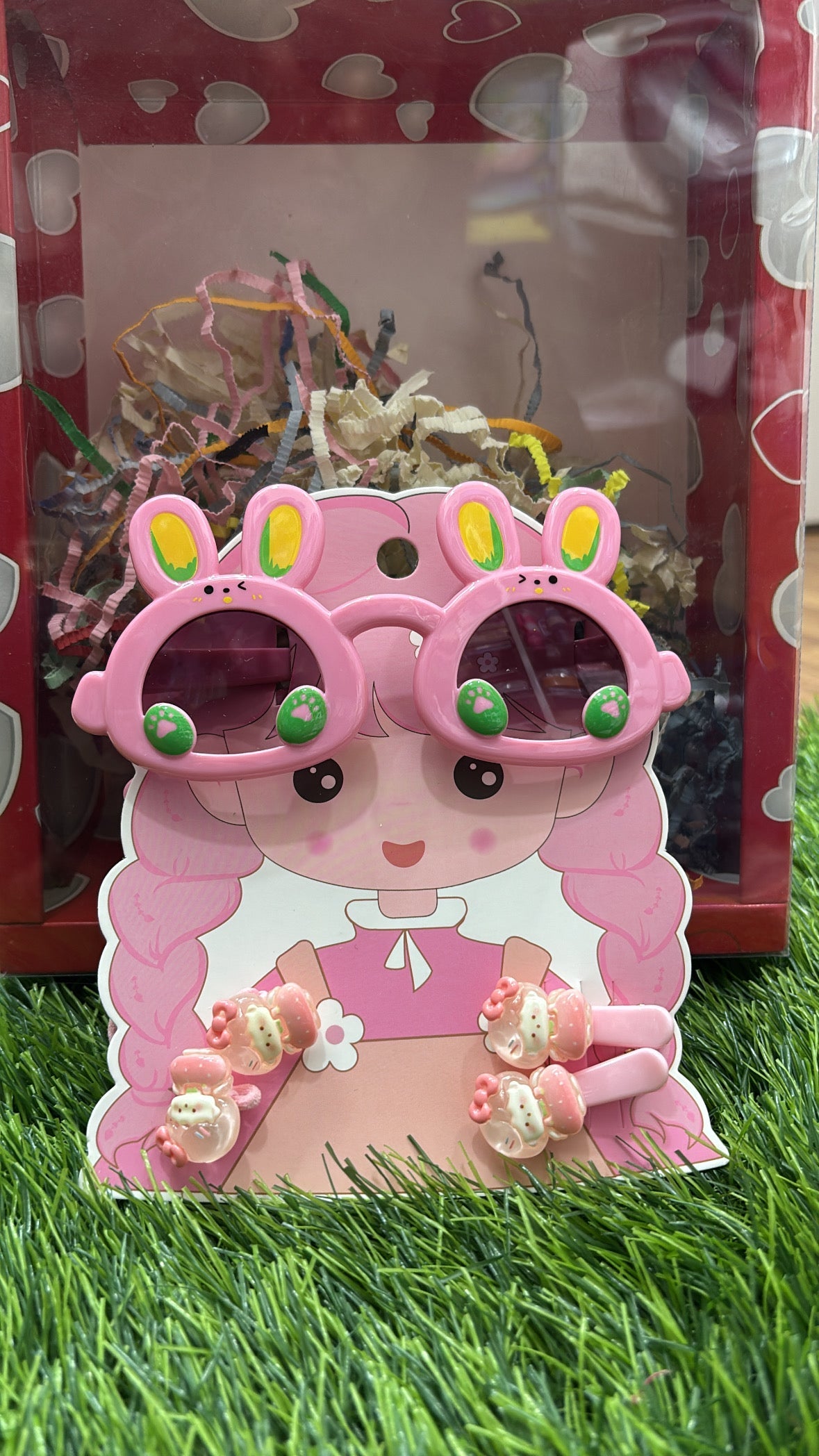 Pink bunny sunglasses for kids with matching hair clips, perfect for dress-up and outdoor fun