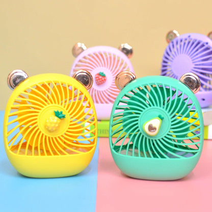 Cute hand held fan in yellow and green colors with fruit designs for kids age 3 and up