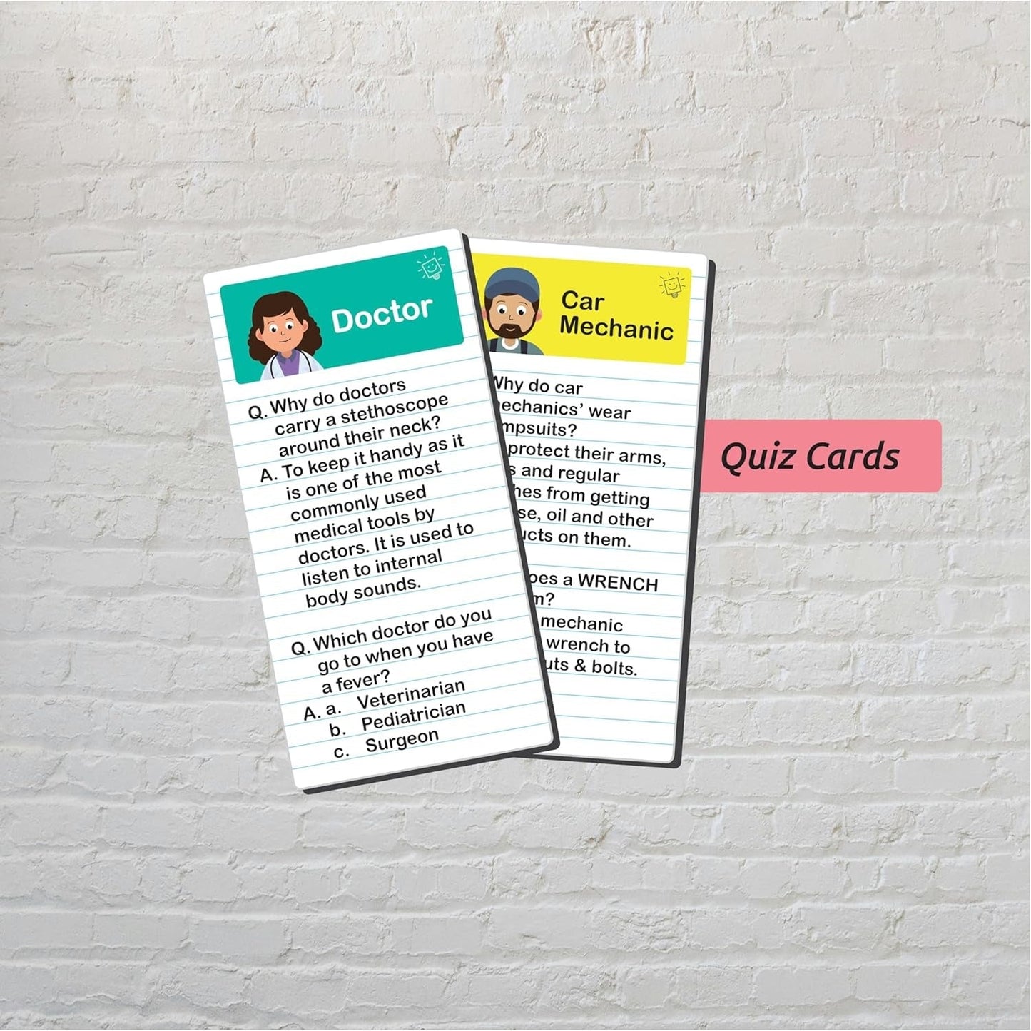 NIYO TOYS quiz cards featuring a Doctor and Car Mechanic, age 5+, for hands helping hands learning