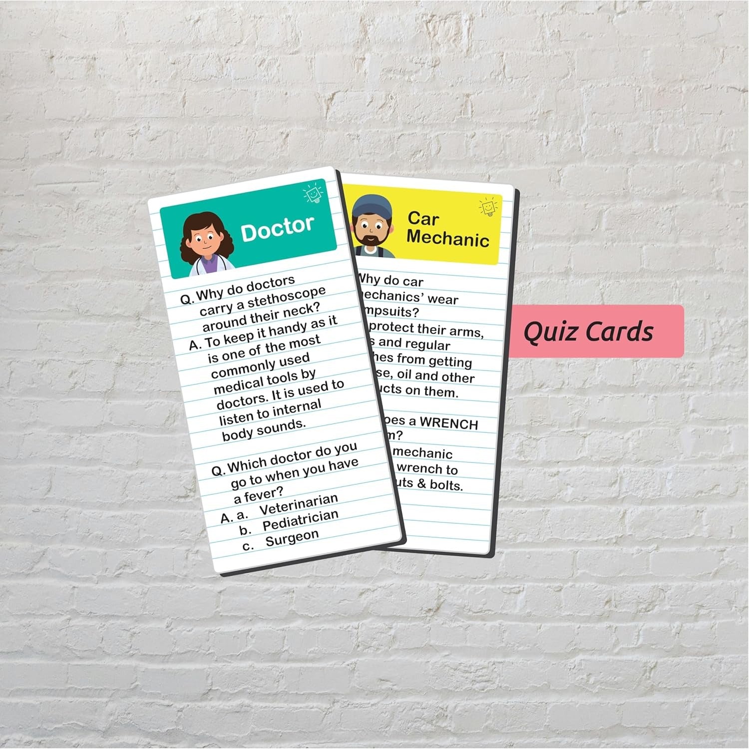NIYO TOYS quiz cards featuring a Doctor and Car Mechanic, age 5+, for hands helping hands learning