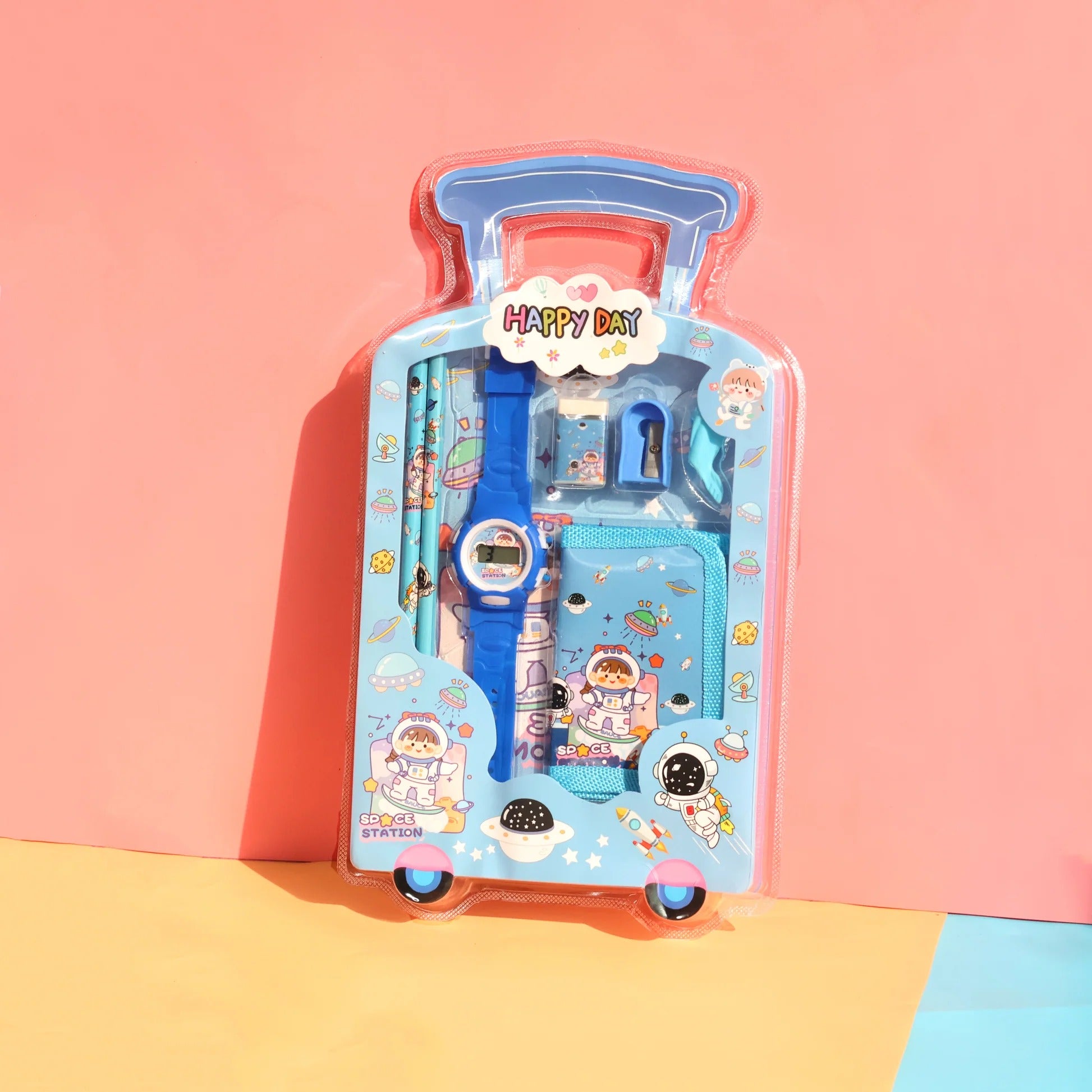 Blue NIYO TOYS Happy Day Stationery Set for kids age 3+, includes various creative tools in a suitcase