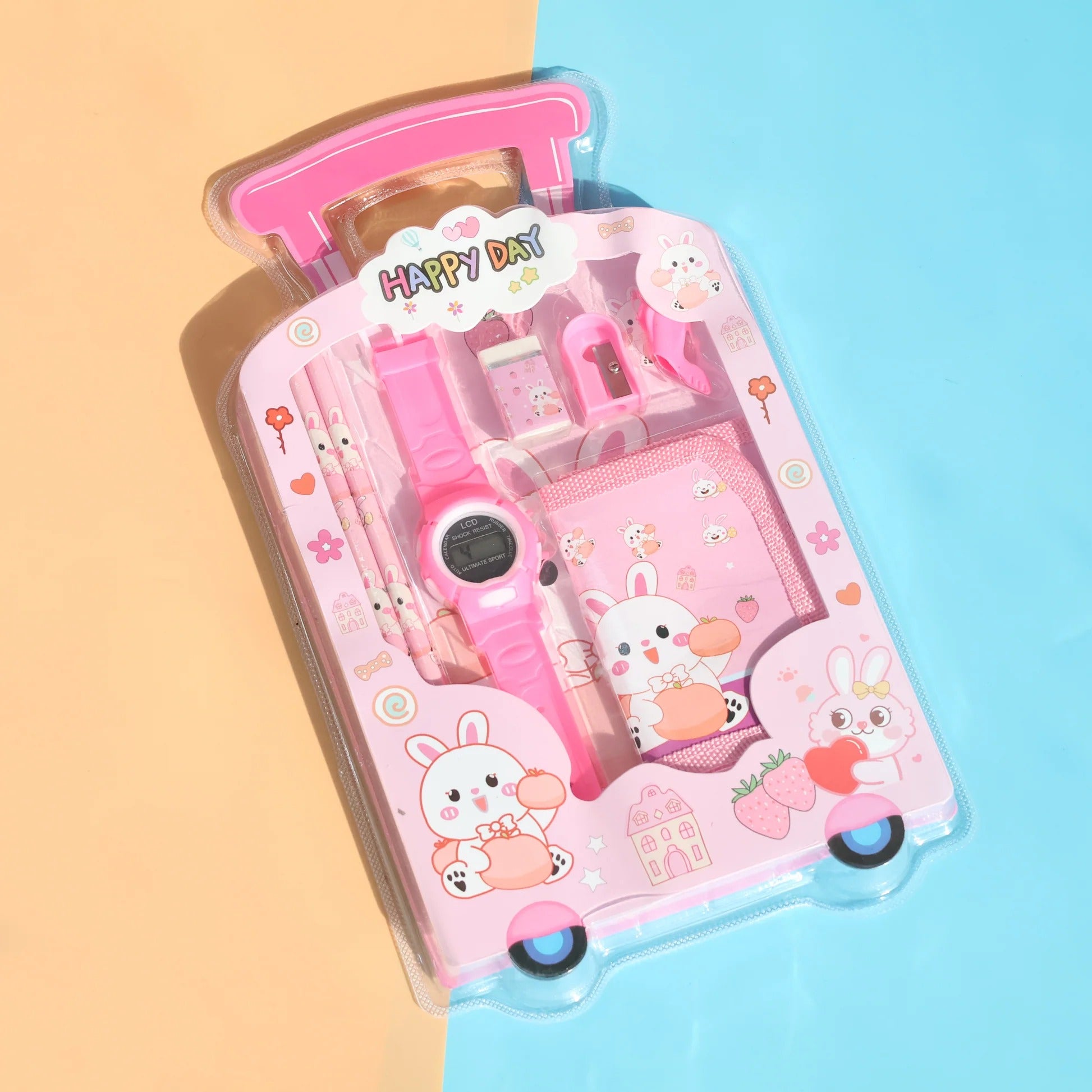 Pink bunny-themed stationery set for ages 3 and up, ideal for creative play and school projects