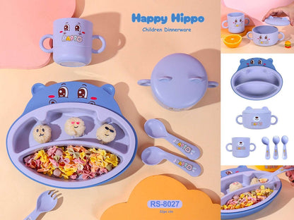 Happy Hippo children dinnerware set in blue, perfect for ages 3+, includes bowl, cup, and utensils, made of disposable bamboo dinnerware