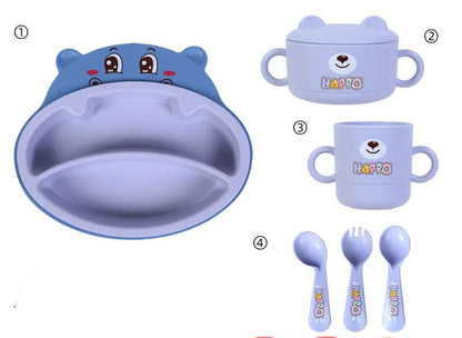 Blue hippo-shaped disposable bamboo dinnerware set for toddlers, includes plate, cup, and utensils