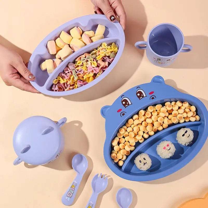 Blue bear-themed toddler dinnerware set with divided plates, cups, spoons, and forks for kids