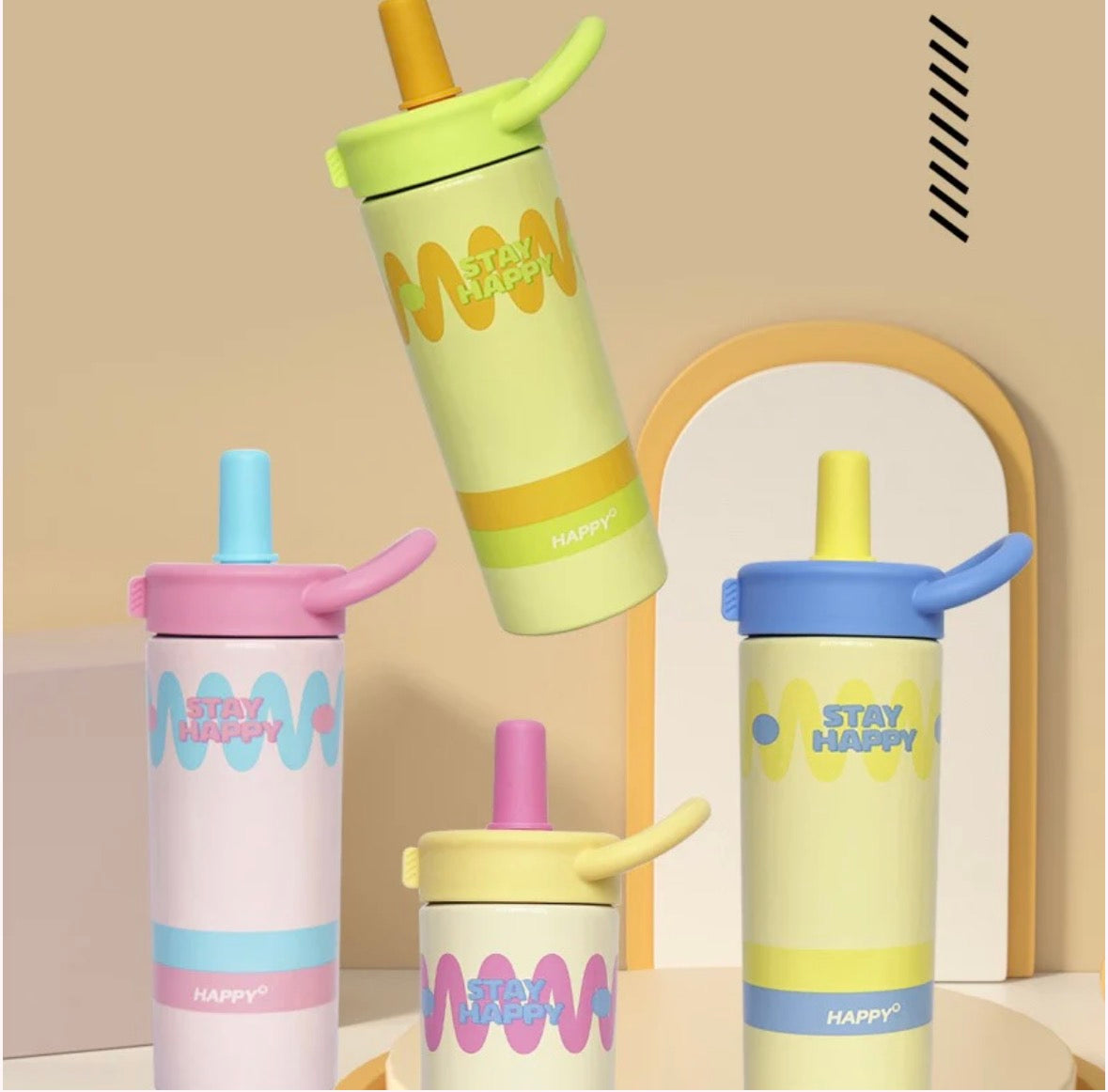 NIYO TOYS Stay Happy Sippers in various colors with easy-to-use straws and fun designs