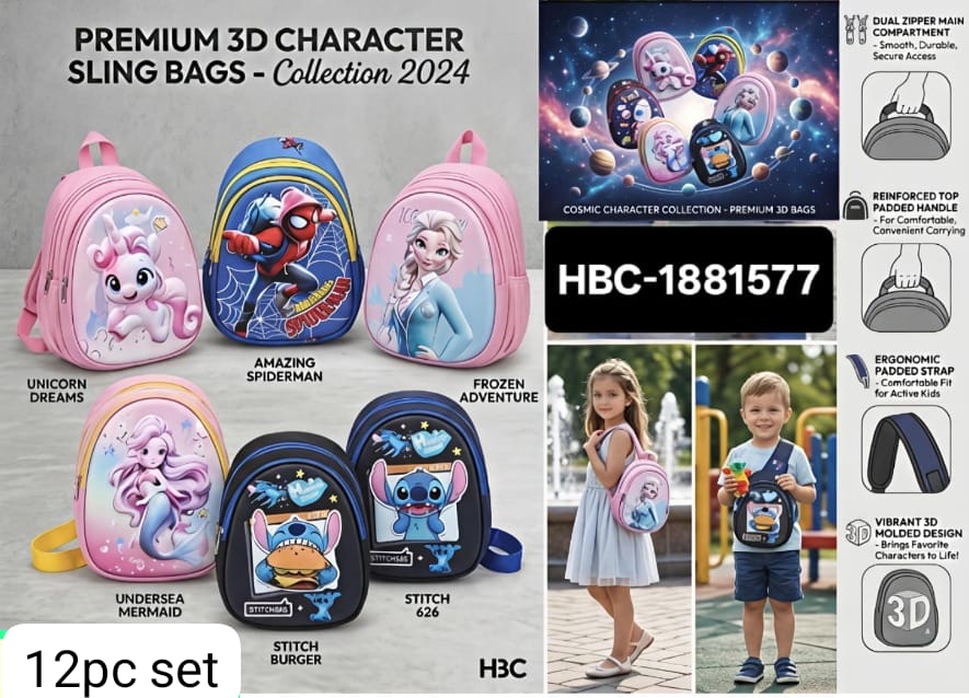 Premium 3D character sling bags in vibrant designs, ideal for kids ages 3 and up, featuring unicorn and Spiderman themes.