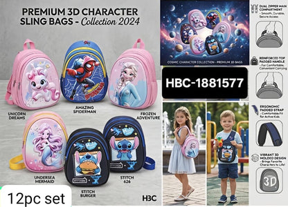 Premium 3D character sling bags in vibrant designs, ideal for kids ages 3 and up, featuring unicorn and Spiderman themes.