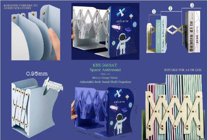 Blue heavy duty shelf storage book stand for ages 4 and up, featuring astronaut design and adjustable dividers