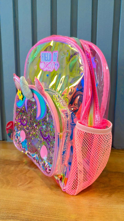 Holographic unicorn bag for kids with colorful glitter and cute 3D features