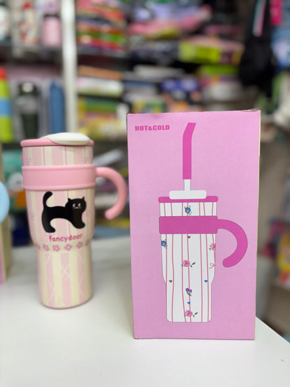 NIYO TOYS insulated coffee mug in pink floral design for hot and cold beverages, perfect for kids age 3 and up