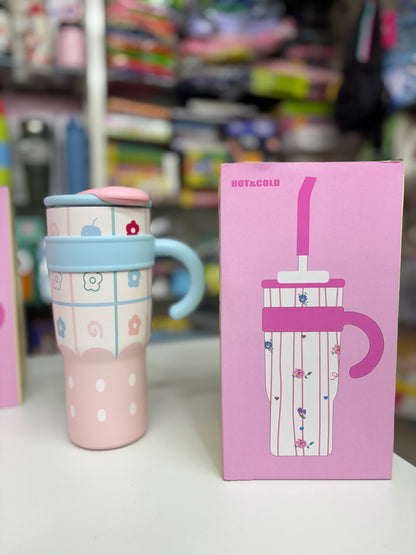 NIYO TOYS insulated coffee mug with colorful floral design, perfect for kids ages 3 and up