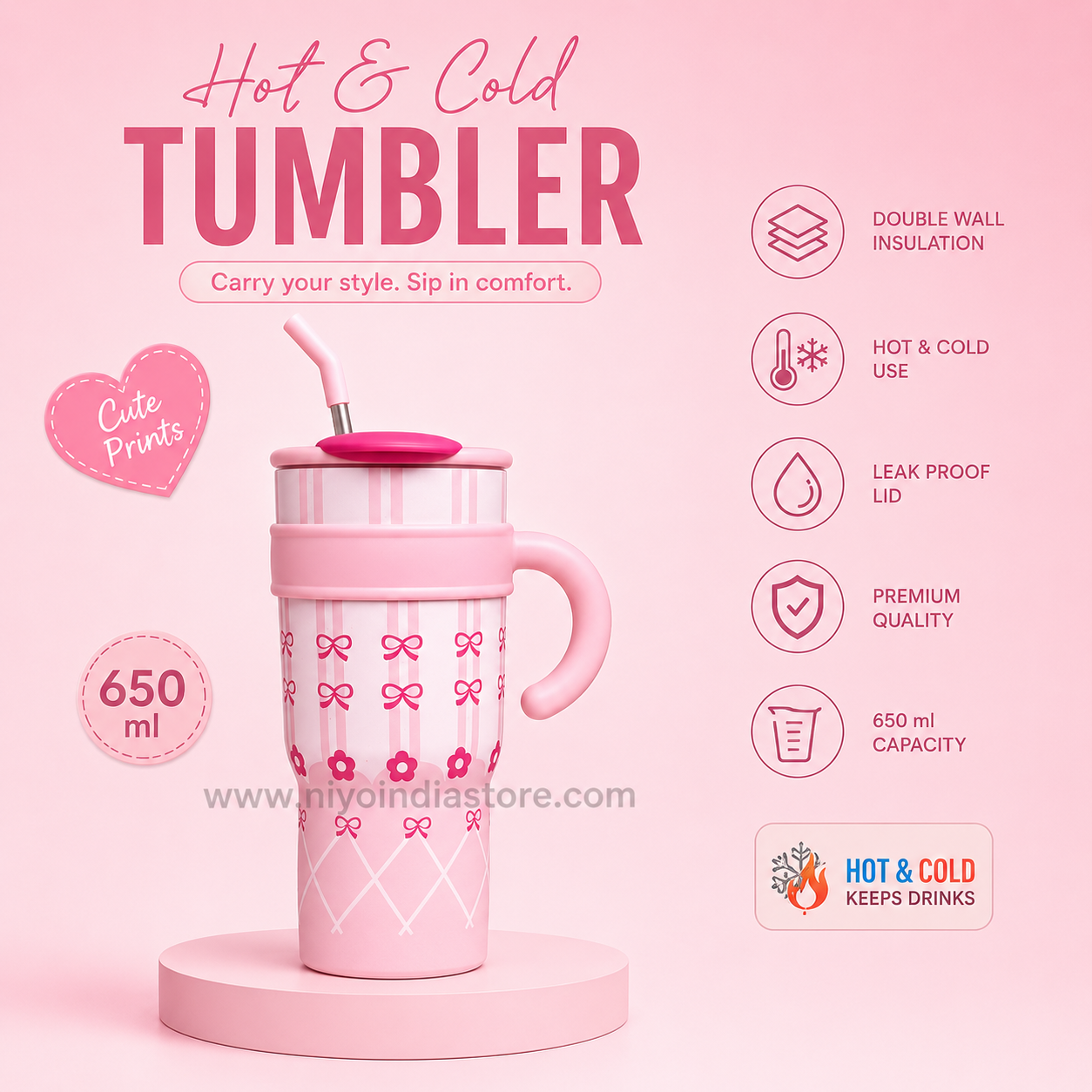Pink insulated coffee mug for kids, 650 ml capacity, designed for hot and cold beverages with a leak-proof lid