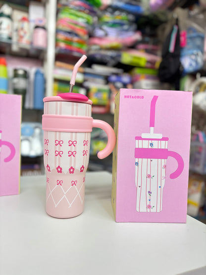 NIYO TOYS insulated coffee mug in pink with straw, ideal for kids age 3 and up for fun and stylish drinks