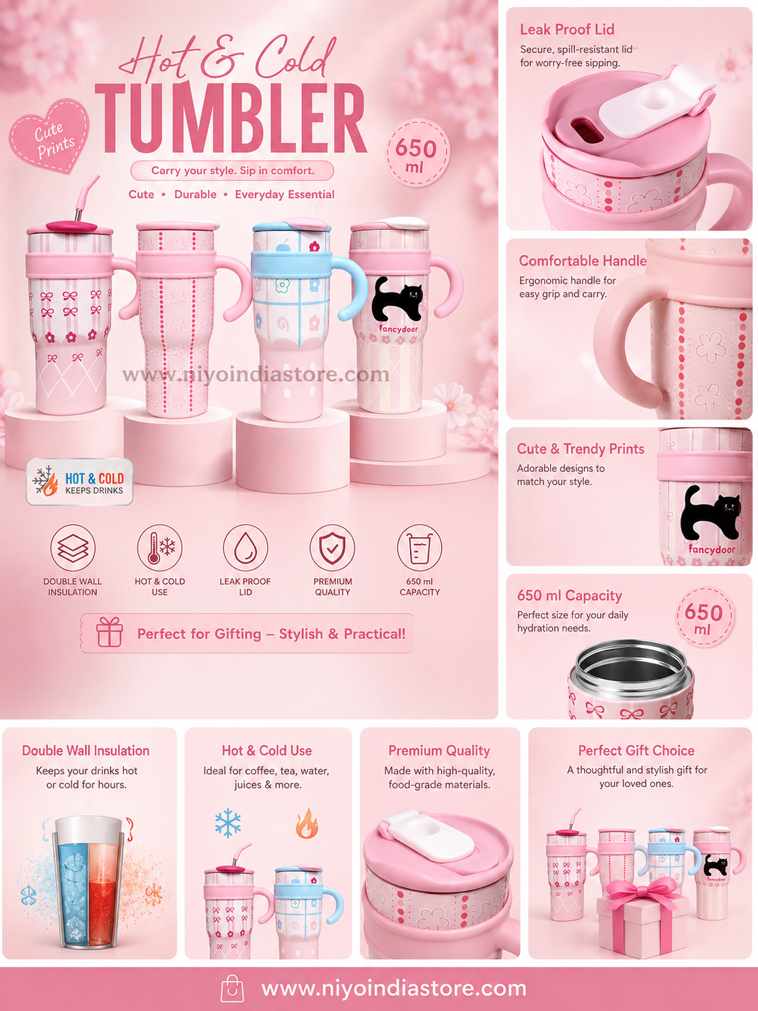 NIYO TOYS insulated coffee mug in pink, 650 ml capacity, perfect for kids 3+, ideal for hot and cold beverages
