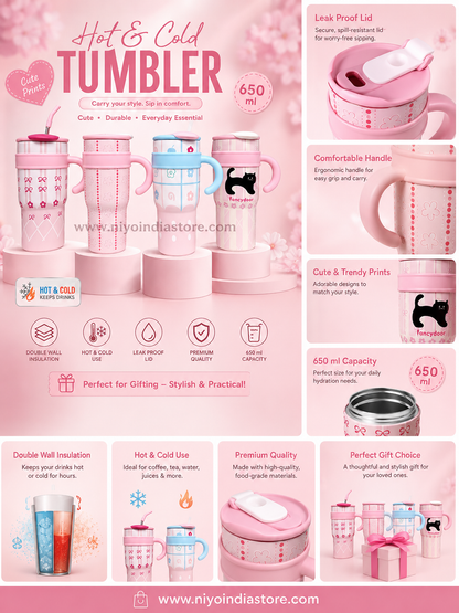 NIYO TOYS insulated coffee mug in pink, 650 ml capacity, perfect for kids 3+, ideal for hot and cold beverages