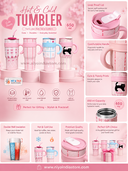 NIYO TOYS insulated coffee mug in pink, 650 ml capacity, perfect for kids 3+, ideal for hot and cold beverages