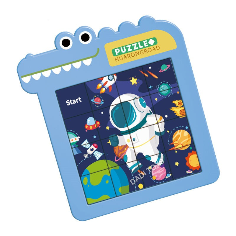 Colorful sliding block puzzle for ages 3+, featuring an astronaut in space with planets and stars