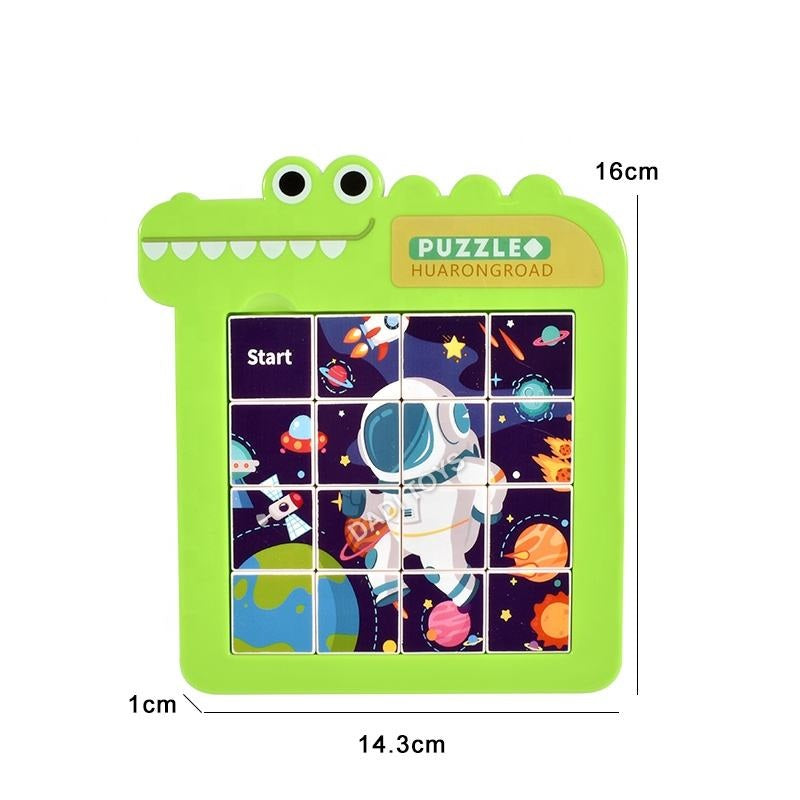 Green sliding block puzzle for kids featuring space theme, suitable for ages 3 and up, fun educational toy