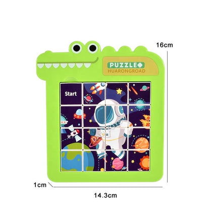 Green sliding block puzzle for kids featuring space theme, suitable for ages 3 and up, fun educational toy