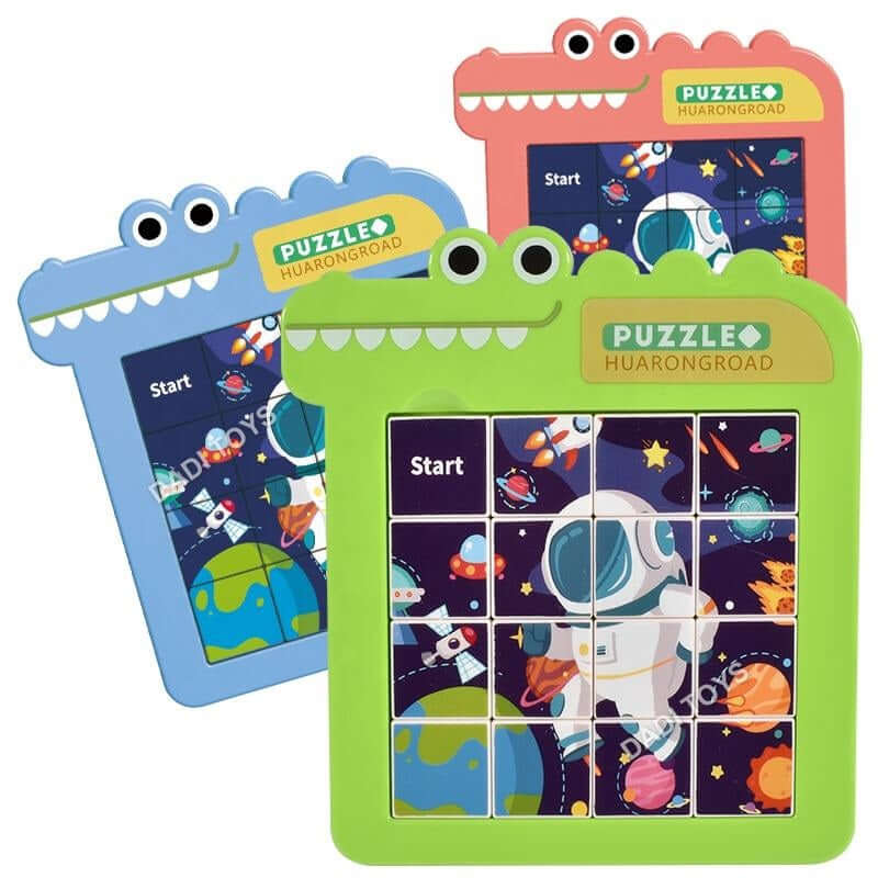 Colorful sliding block puzzle by NIYO TOYS, age 3+, featuring space-themed astronaut design