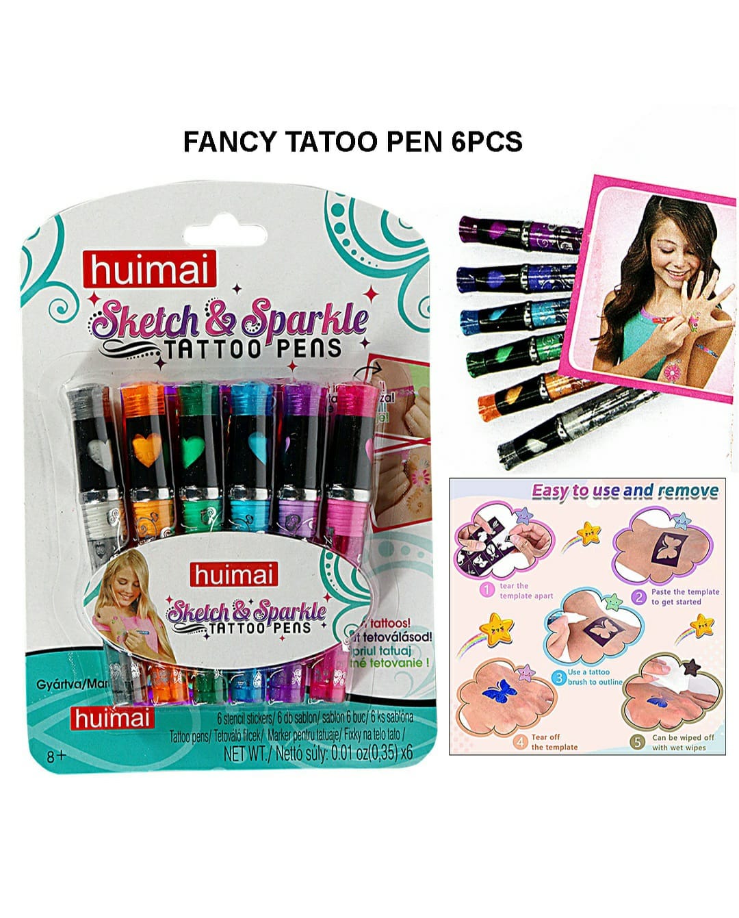 NIYO TOYS Sketch and Sparkle Temporary Tattoo Pens, 6 colorful pens for ages 8+, easy to use and remove
