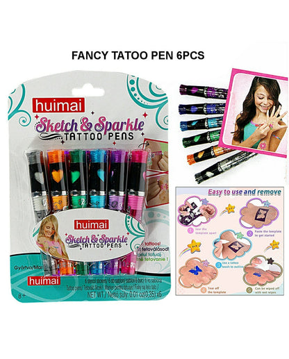 NIYO TOYS Sketch and Sparkle Temporary Tattoo Pens, 6 colorful pens for ages 8+, easy to use and remove