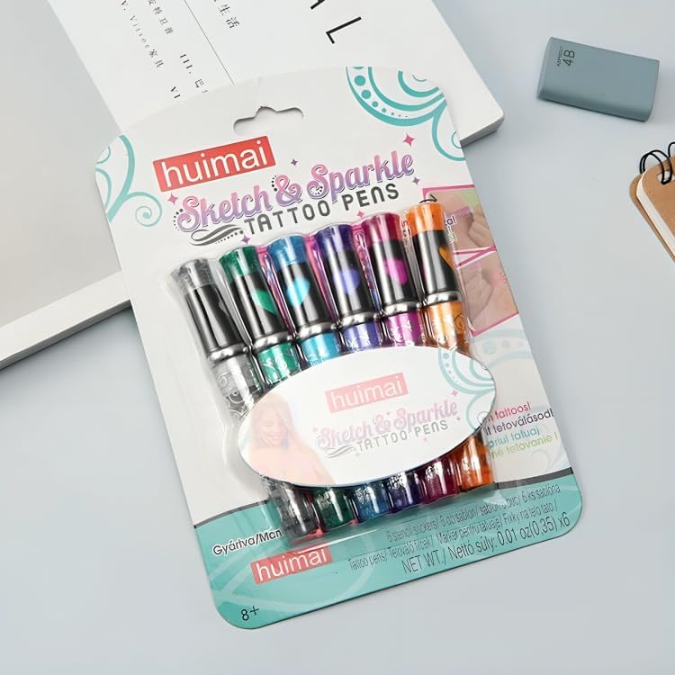 NIYO TOYS Sketch and Sparkle Temporary Tattoos Pens, vibrant colors for ages 8 and up, perfect for creative designs