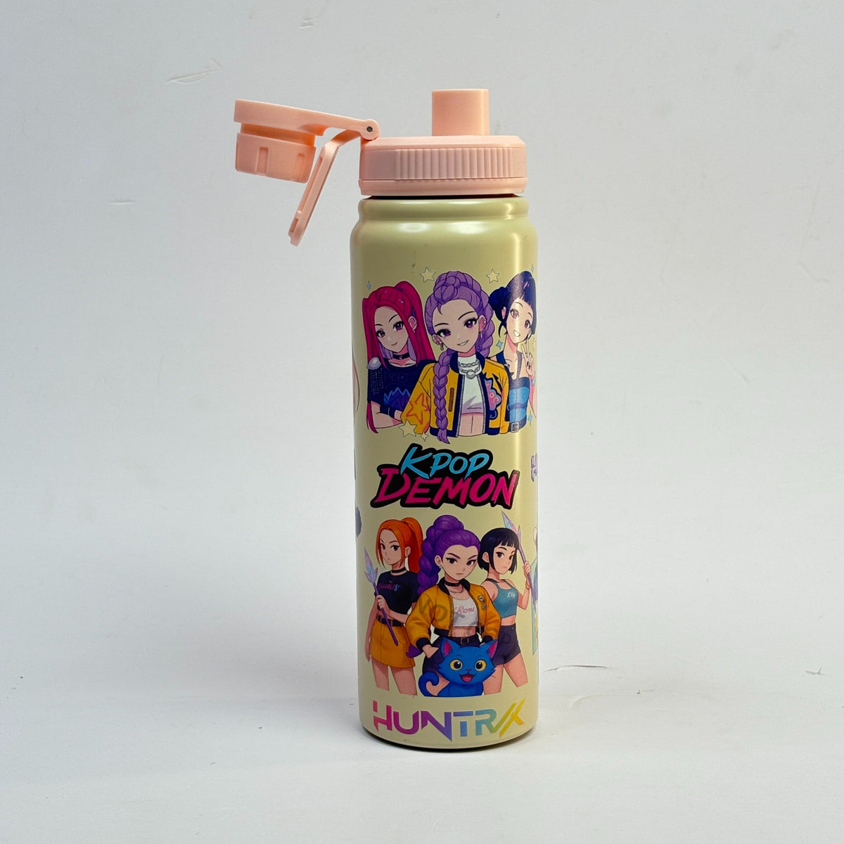 KPOP DEMON water bottle with colorful characters, ideal for kids ages 5 and up, perfect for school and outdoor use