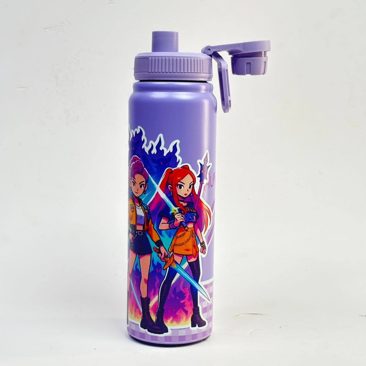 Purple NIYO TOYS water bottle featuring animated characters, ideal for kids age 3+, perfect for hydration on the go