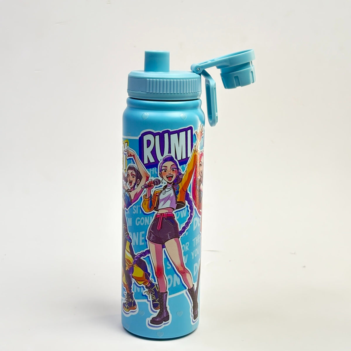 Blue water bottle featuring fun graphics for kids, ideal for staying hydrated during playtime