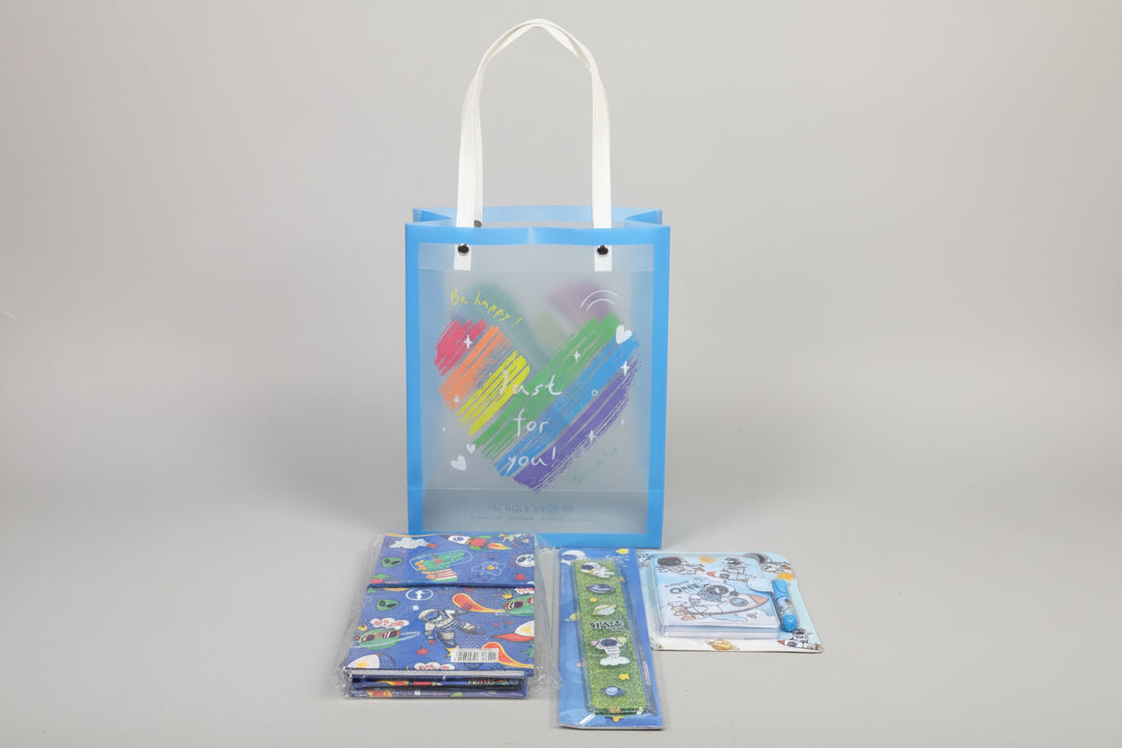 NIYO TOYS transparent gift hamper bag filled with colorful stationery and craft items, perfect ideas for gift hamper