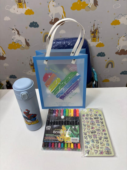 NIYO TOYS gift hamper in blue featuring art supplies and fun stickers, great ideas for gift hamper