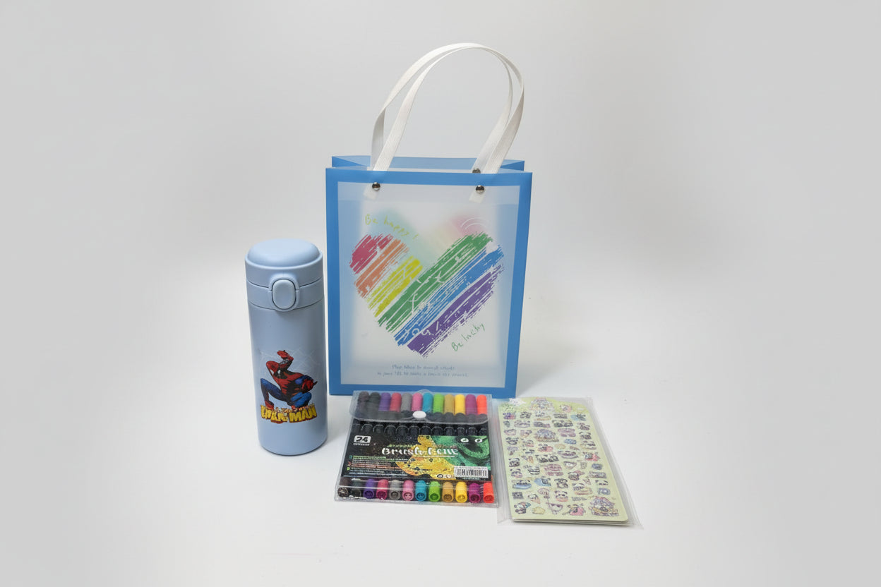 Colorful gift hamper with Spiderman water bottle, markers, and stickers, great ideas for gift hamper