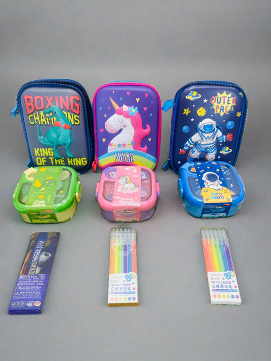 Colorful children's gift hampers with themed cases, suitable for ages 3+, featuring toys and crafts ideas for gift hamper