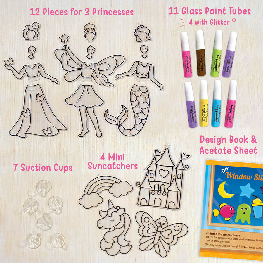 Princess Polly DIY window suncatcher set with 12 pieces, 11 paint tubes, and 7 suction cups for ages 5+