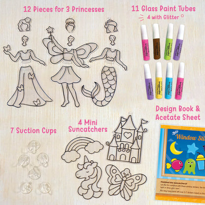 Princess Polly DIY window suncatcher set with 12 pieces, 11 paint tubes, and 7 suction cups for ages 5+