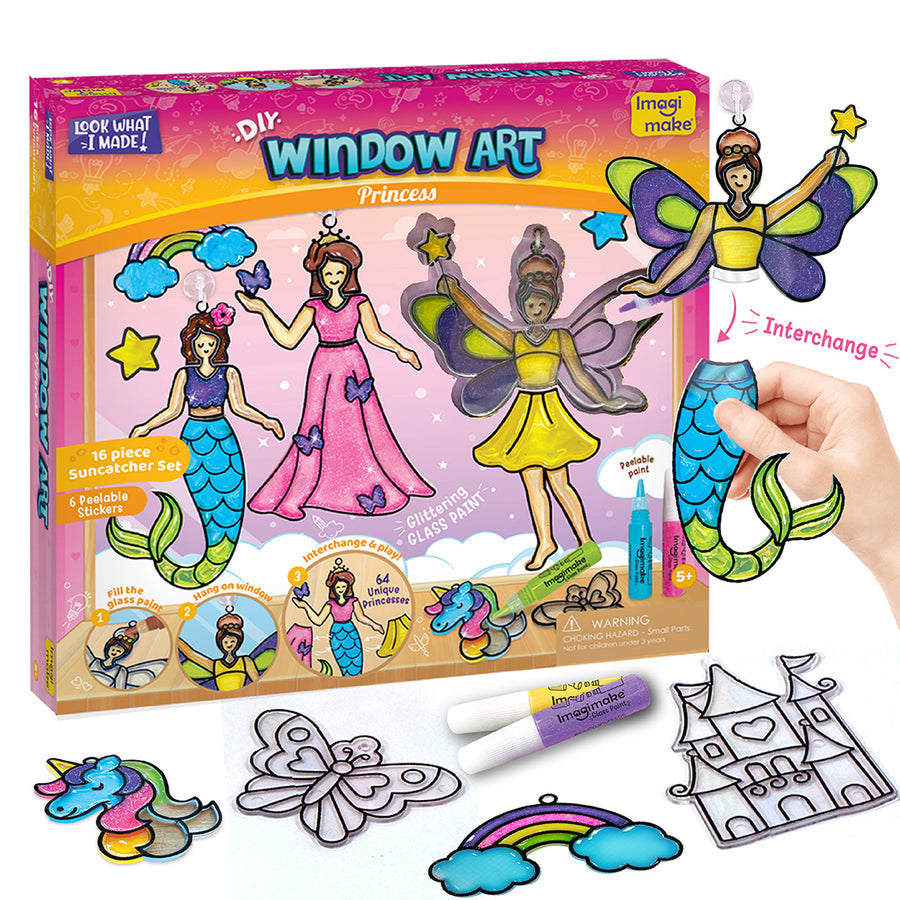 DIY Window Art Princess Suncatcher Set with 16 colorful pieces for ages 5 and up, includes princess polly designs