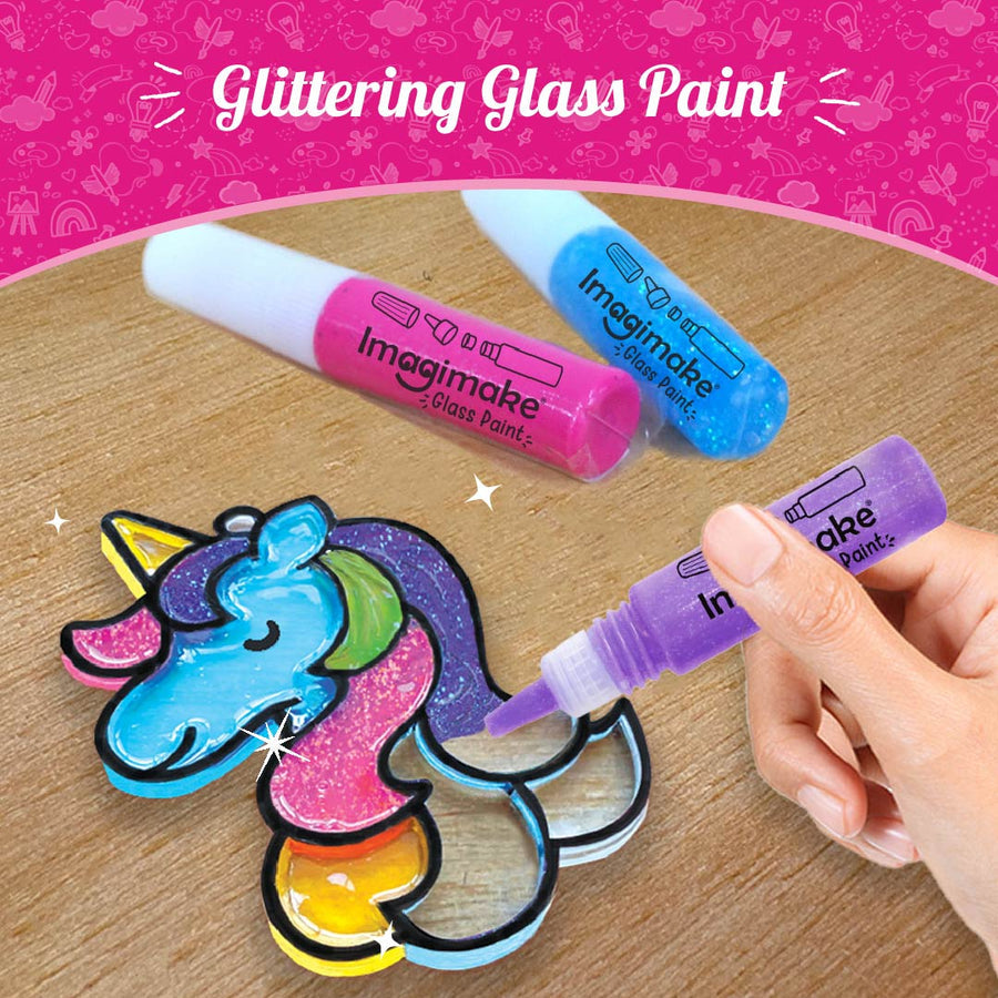Glittering glass paint set featuring colorful bottles, perfect for ages 6+ to create princess Polly designs