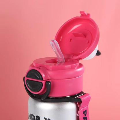 Pink stainless steel drinks bottle with a flip-top lid and straw for kids aged 3 and up