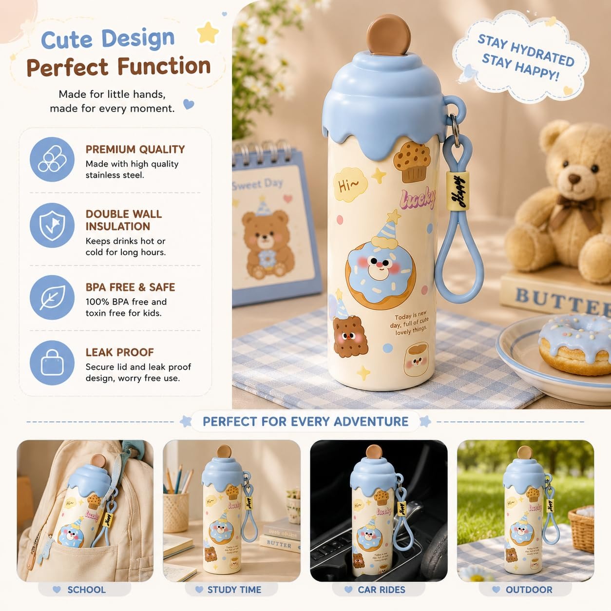 NIYO TOYS cecream Mini Tumbler – 500ml Stainless Steel Double-Walled Travel Mug – Leak-Proof, BPA-Free with Straw