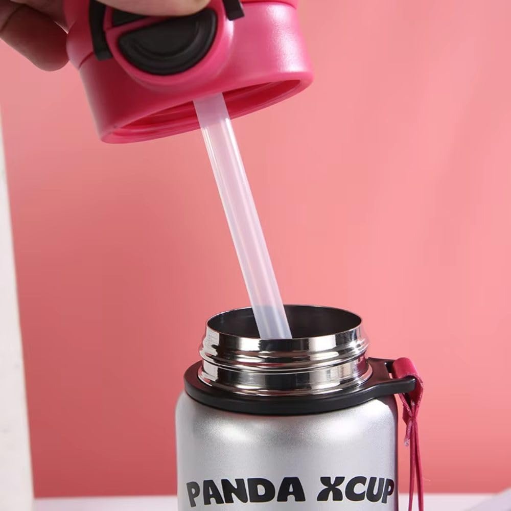 Pink stainless steel drinks bottle with straw, perfect for kids age 3+, ideal for outdoor use