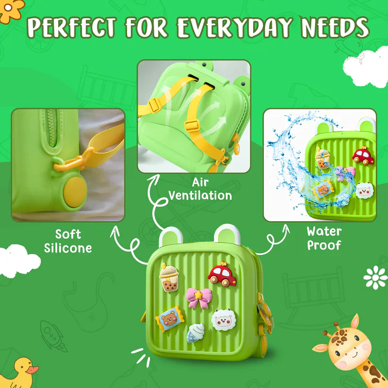 Cute kids mini backpack in green with soft silicone, waterproof design, and air ventilation features