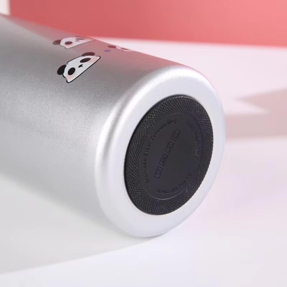 Silver stainless steel drinks bottle with cute panda design, perfect for kids aged 3 and up
