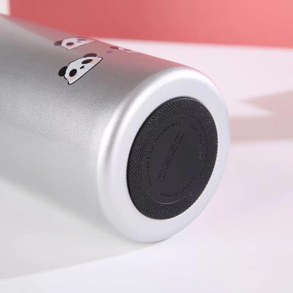 Silver stainless steel drinks bottle with cute panda design, perfect for kids aged 3 and up