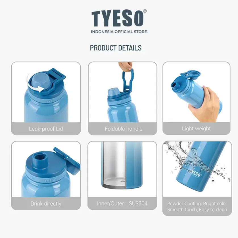 Light blue insulated stainless steel water bottle with foldable handle and leak-proof lid for easy use
